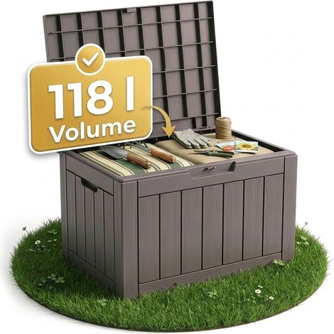 Floordirekt – Coffre de jardin en polypropylène 118L – Résistant aux intempéries – Aspect bois marron – Poignées intégrées pour transport facile