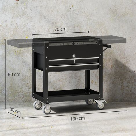 Armoire à outils mobile, valise à outils à tiroirs avec plan de travail, fermable à clé et poignée, en acier, noir (1/5)