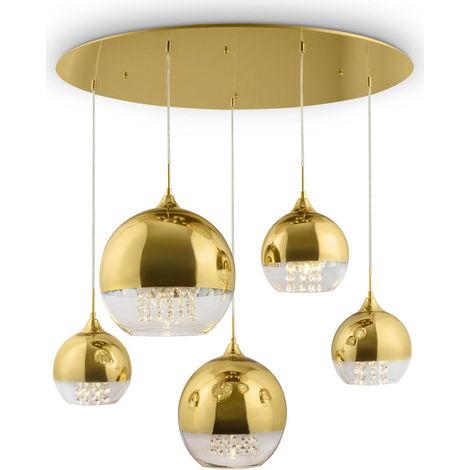Lampadario Contemporaneo Fermi Metallo Oro 5 Luci Diffusori Vetro E Metallo (1/5)