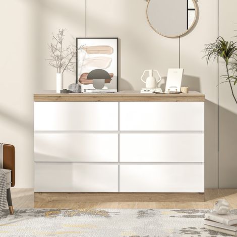 Commode 6 Tiroirs + Porte Verrouillable Blanc + Chêne - Meuble Rangement Chambre Salon - Panneau E1 Éco