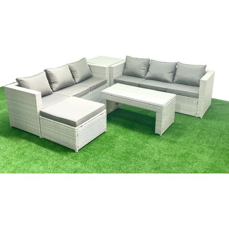 Fimous 7 places Salon de Jardin Extérieur Canapé de jardin en rotin Table basse oblongue avec Grand tabouret Table d'appoint Gris clair mixte (1/5)