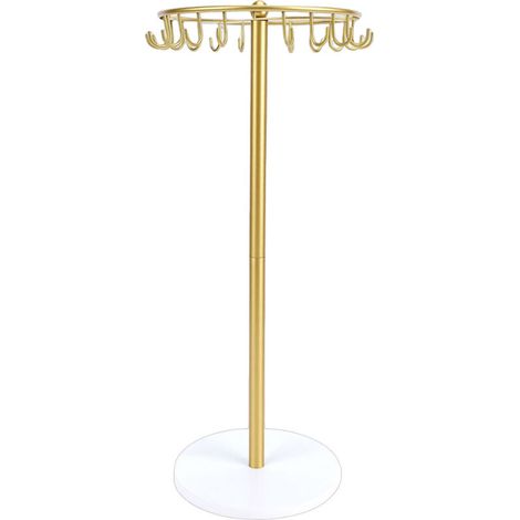 Présentoir à colliers en métal avec socle en bois et 22 crochets, organisateur de bijoux, décoration pour femme, couleur or (1/5)
