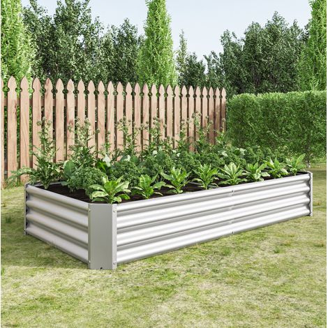 Bancal elevado 180x90x30 cm de acero galvanizado plateado, sin fondo, para jardín - MEUBLIV