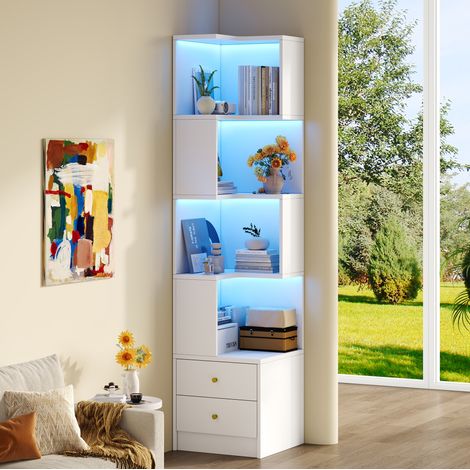 Étagère d’angle LED bibliothèque vitrine avec contrôle par appli, 4 niveaux et 2 tiroirs, pour salon, 45x43,5x180 cm, MDF blanc (1/5)