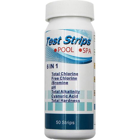 6-in-1-Teststreifen für Pools und Whirlpools: Chlor, pH-Wert, Alkalität, Wasserhärte – 50 Stück