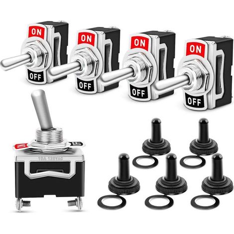5Pcs Interrupteur Inverseur à Bascule Levier en Métal, SPST Métal Interrupteur à Levier avec Capuchon Etanche AC125V 10A/AC250V 6A, ON/OFF 2 Positions 2 Broches (1/5)
