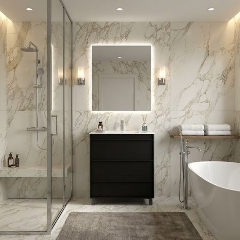 Mobile Bagno a Terra 80 cm con Lavabo in Ceramica e 3 Cassetti Nero Satinato – Urban