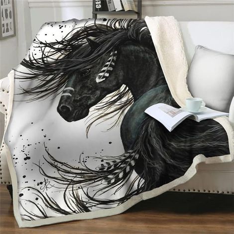Fleecedecke, 150 x 200 cm, schwarzes Pferdemotiv, weiche Mikrofaser, für Bett oder Sofa