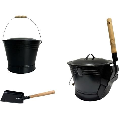 Seau à cendres avec couvercle ignifuge en métal galvanisé pour poêles à bois et cheminées – Poubelle ronde noire de 31 cm avec pelle (1/5)