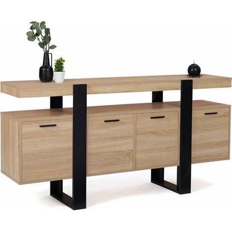 Idmarket – Buffet 160 cm 4 portes bois et noir – Dimensions 160x40x80 cm – Style industriel moderne – Rangement optimisé avec étagères
