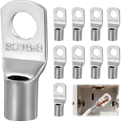 Lot De 10 Cosses Annulaires En Cuivre, Non Isolées Cosses Tubulaires 16mm² M8, Cosse à œillet Electrique Ronde Pour Câbles De Batterie De Véhicules Automobiles Motos Boîtes (1/5)