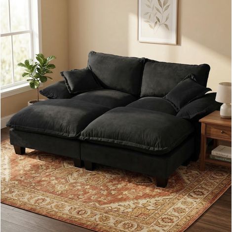 Divano modulare angolare 194x151x90 cm nero in ciniglia con 2 ottomani mobili e cuscini rimovibili (1/5)