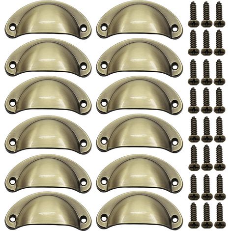 12 Stück Muschel-Türgriffe, Retro-Türgriffe, traditionelle Halbmond-Möbelgriffe mit Schrauben, für Schublade, (gebürstete Bronze)