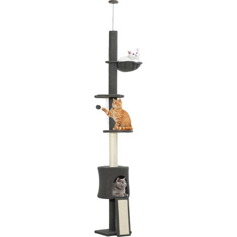 Arbre à chat pour plafond de 220 à 240 cm de haut, avec hamac, maisonnette, plateformes fleuries et poteaux en sisal, gris (1/5)
