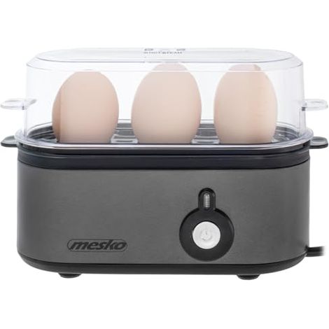 Olla de huevos Mesko MS 4485 para 1 a 3 huevos ajuste cocción carcasa media dura o dura vaso dosificador picador señal luminosa apagado automático compacto diseño metal gris