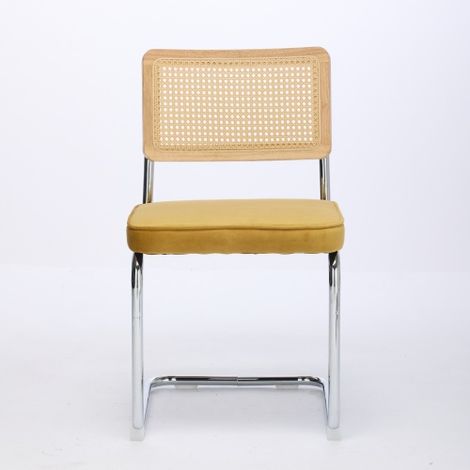 Chaises de salle à manger style Mid-Century Modern (Lot de 2) — Chaises d'appoint en velours avec dossiers en rotin naturel et pieds en acier inoxydable chromé  Chaises de cuisine rembourrées style ro