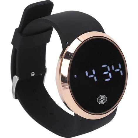 Montre LED tactile, étanche et élégante pour couple, idéale pour les loisirs, le sport, les affaires et les soirées. Boîtier doré, bracelet noir.