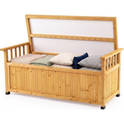Coffre de Jardin avec Accoudoirs, Banc 2 Places en Bois d’Épicéa avec Rangement sous Siège, Vérins à Gaz, Tissu Imperméable, 123 x 58 x 53 cm (1/5)