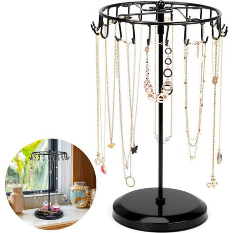 Espositore girevole in metallo nero per gioielli con 23 ganci - H34,8 x L20,5 cm - Torre espositiva per gioielli - Supporto per collane, bracciali, anelli e orecchini (1/5)