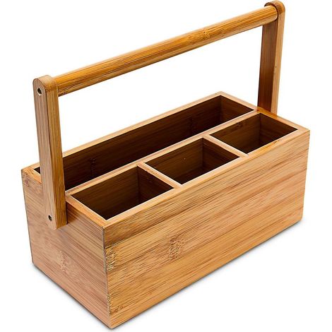 Organiseur de bureau H x l x P: 20 x 25 x 11,5 cm, 4 compartiments porte-stylos vide-poche bambou anse, nature (1/5)