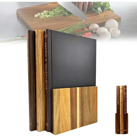 Planche à découper bibliothèque, lot de 3 planches à découper avec support, planche en bois de cuisine ressemblant à des livres avec étiquetage alimentaire pour fromage, pain, légumes, viande (1/5)