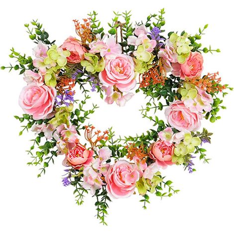 Couronne de roses roses et de fleurs mélangées - Guirlande de fleurs artificielles pour porte d'entrée, décoration intérieure, décoration printanière/estivale-AquaForge (1/5)