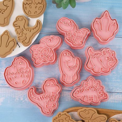 Set mit 8 3D-Ausstechformen in Dinosaurier-, Obst- und Gemüseform für Kekse, Plätzchen, Fondant und Geburtstagstorten (Zubehör abgebildet, Box enthalten) – Dinosaurier Modell C, 8 Stück