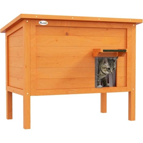 Insulated Wooden Feral Cat House with Removable Floor and Water-Resistant Openable Roof in Orange Color (1/5)