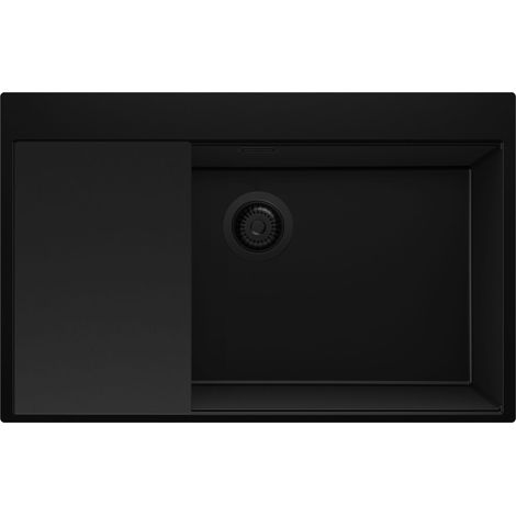 PRIMAGRAN Evier Cuisine en Granit 78x50cm,Lavabo 1 bac + Kit de Vidage + Planche à Découper, Évier à Encastrer au meuble 80cm - Oslo, Tout Noir (1/5)