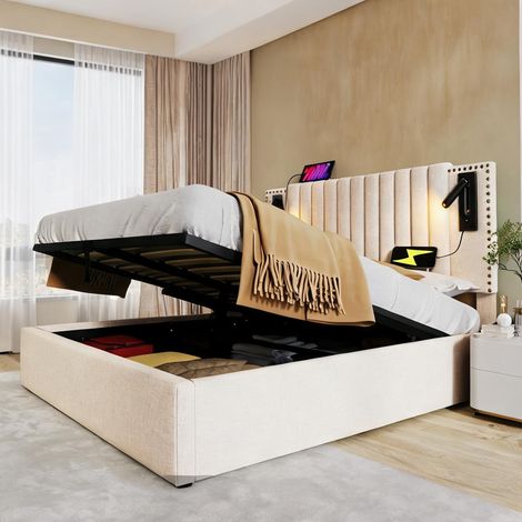 Cadre de lit beige en coton 203 x 187 x 106 cm (1/5)