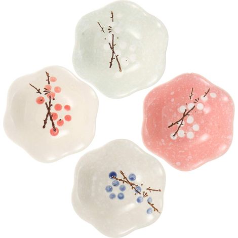 4 assiettes en céramique en forme de fleur, rose/cyan/rouge/bleue, pour sauce et épices, légères et empilables (1/5)