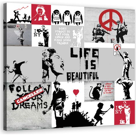 Quadro su tela, Graffiti di composizione di Banksy - 30x30 (1/4)