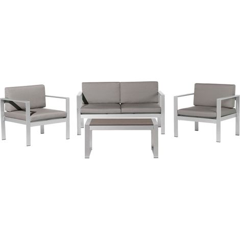 Set Giardino 4 Pezzi Divano Simil Legno Grigio Scuro 2 Sedie e Tavolino Salerno