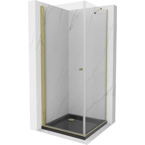 Mexen Pretoria kippbare Duschabtrennung 70 x 70 cm, transparent, gold + Duschwanne Flat, Schwarz - 852-070-070-50-00-4070G