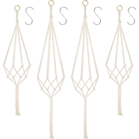 4PC Macramé Pot Suspendu, Support Pots Suspendu pour Fleur, Macramé Suspension Plante Macramé Corde de Coton Pot Suspendu Plante Porte Décoration du Jardin Intérieur ave 4Crochets Suspendu