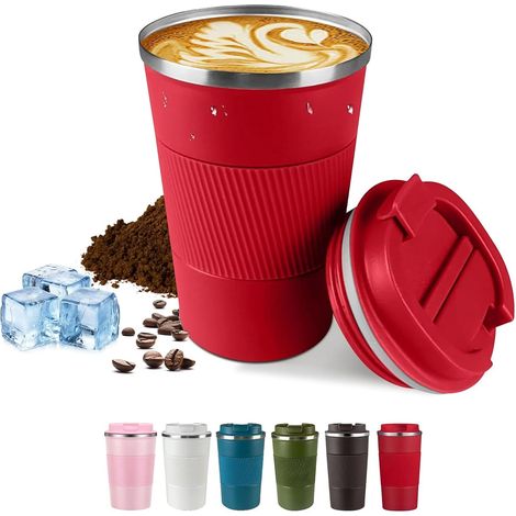 Tasse à café de voyage isotherme de 380 ml avec couvercle, anti-fuite, réutilisable, en acier inoxydable, anti-déversement, pour boissons chaudes et glacées (380 ml) (1/5)