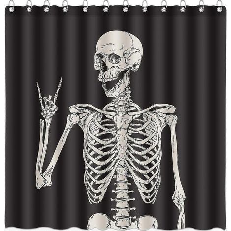 rideau de douche d'Halloween pour salle de bain, motif squelette rock'n'roll, os, Jour des morts, crâne gothique, gris foncé, horreur, étrange, en polyester. (1/5)