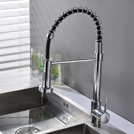 Robinet de cuisine avec ressort hélicoïdal, robinet de cuisine pivotant à 360°, douchette extractible, haute pression, galvanique (1/4)