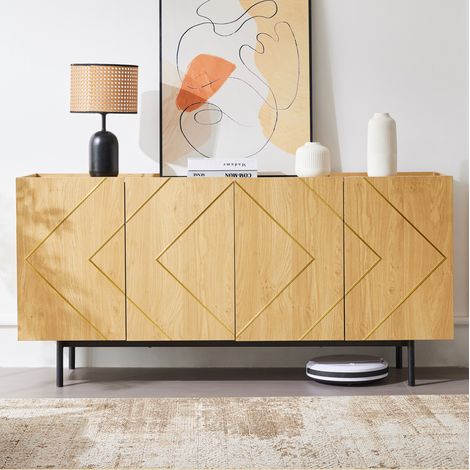 Buffet en panneaux de particules naturel 160 x 40 x 78 cm, 4 portes, tablettes réglables, sans poignées (1/5)