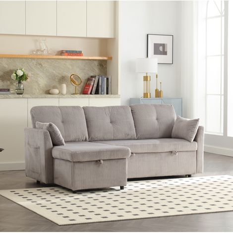 Schlafsofa 206x108x66 cm hellgrau aus Cord mit Stauraum und ausziehbarer Liegefläche (1/5)