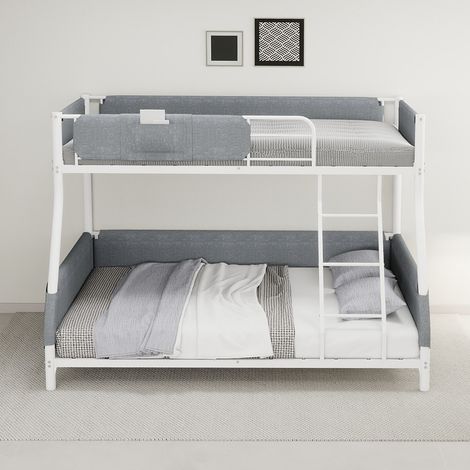Lit superposé 90x190 + 140x190 cm en métal avec poche de rangement en tissu, barrières rembourrées et échelle - Blanc (1/5)