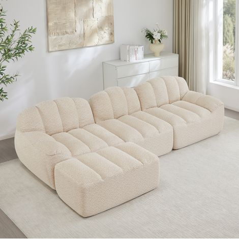 Ecksofa modular aus Granuliertem Fleece in Beige-Weiß, 3-Sitzer mit Ottoman, rahmenlos (1/5)