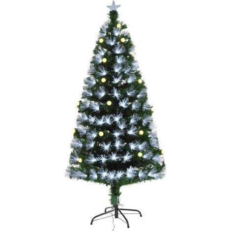 Sapin de Noël Artificiel Lumineux 120H cm Fibre Optique LED + 20 Ampoules + Support Pied 130 Branches étoile Sommet Brillante Vert (1/5)