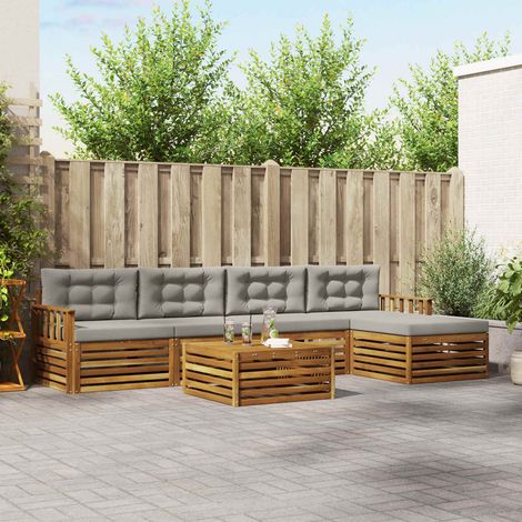Ensemble salon de jardin 6 pièces en bois d’acacia massif gris naturel et clair modulable avec coussins pour terrasse et jardin (1/5)