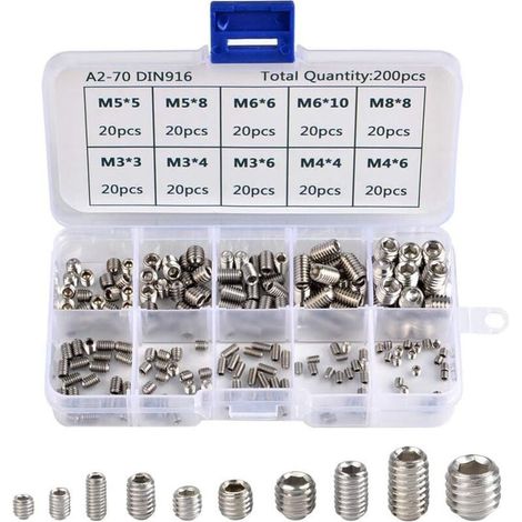 Kit de 200 vis hexagonales en acier inoxydable – 10 types M3 à M8 – Résistance à la corrosion – Pour usages professionnels et domestiques (1/5)