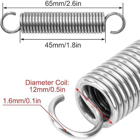 Ressort de Traction 65mm Ressorts de Tension avec Crochets Ressorts en Acier Inoxydable Diamètre du Fil 1,6 mm Diamètre Extérieur 12mm (1/4)