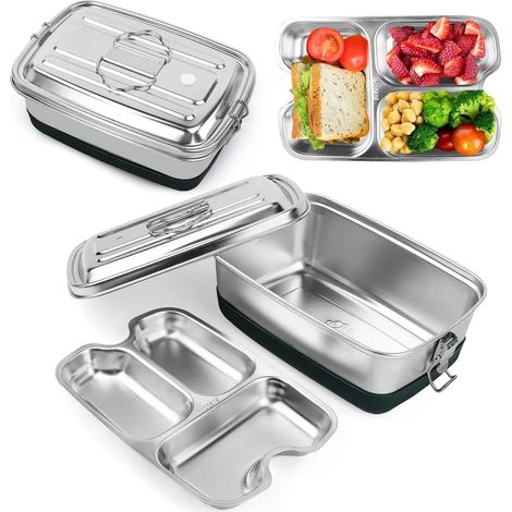 2000 ml Edelstahl-Lunchbox, doppelwandige Metall-Lunchbox, Drei-Fächer-Design, auslaufsichere Lunchbox mit Dichtungsring, tragbare Reise-Lunchbox.