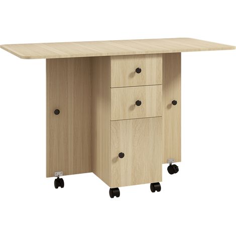 Tavolo Pieghevole 120x60x76,5 cm con 2 Cassetti e Armadietto 6 Rotelle e Freni Color Legno (1/5)