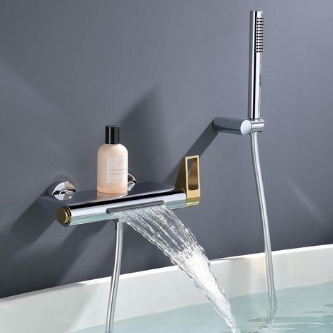 Robinet de Baignoire Cascade, RTF0718 Moderne Mitigeur Baignoire Mural, Sortie d'eau de 140 mm de Large, Angle Réglable, 59A Laiton Mitigeur Douche, avec Douchette en Cuivre, Durable (1/5)