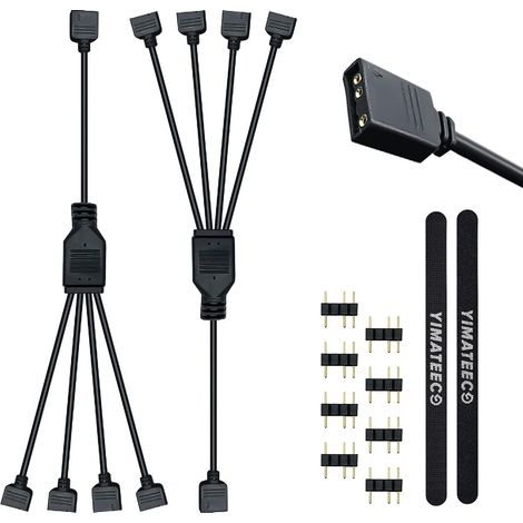 Câble répartiteur ARGB, 5 V 3 broches adressable RGB 1 à 4 Y, rallonge de hub, pour refroidisseur de processeur et ventilateur ARGB 5 V (11,8 pouces, lot de 2, 1 à 4) (1/5)